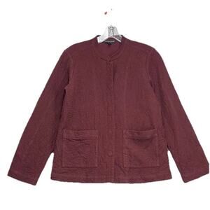 EILEEN FISHER Jacket S Organic Cotton Ripple Textured Mandarin Snap Front Maroon
